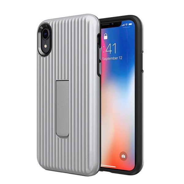 Wholesale iPhone Xr 6.1in Cabin Carbon Style Stand Case (Silver)